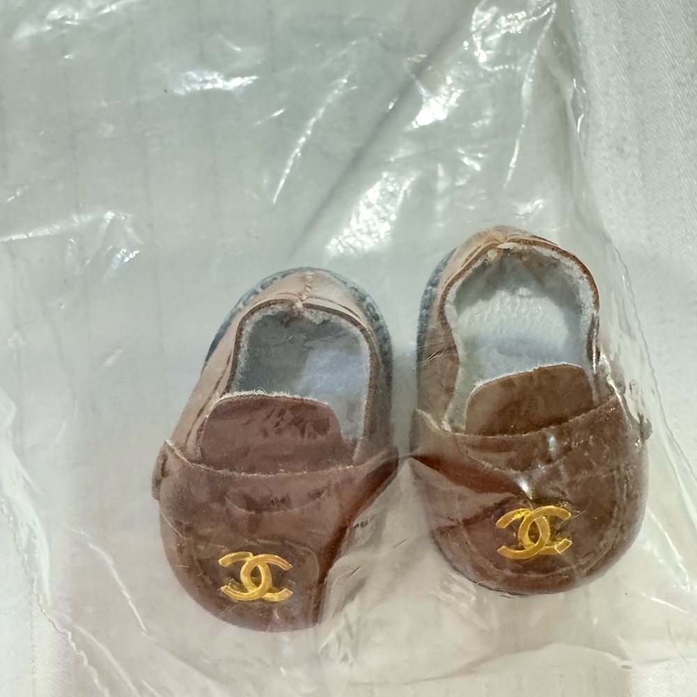 Chic Brown Toy Labubu Shoes with Gold Accents
